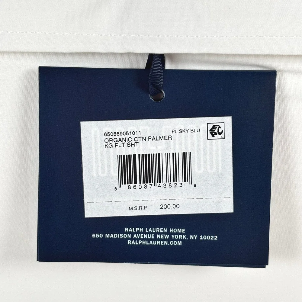 Ralph Lauren Palmer Percale‎ King Flat Sheet Pale Sky Blue Organic Cotton NEW